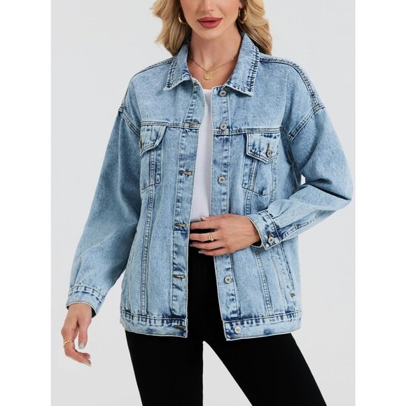 Women's Oversized Denim Jacket Jean Jacket Trendy Loose Fall Trucker Light Blue - Picture 4 of 7